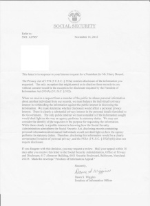 November 16, 2012 SSA FOIA requesting information on Harry Bounel using 042-68-4425 social security number and 1890 DOB